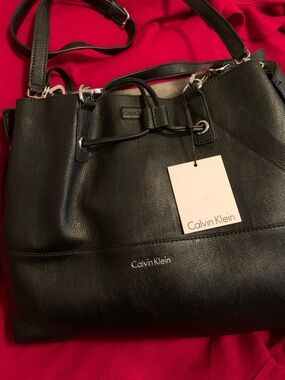 Calvin Klein Black Leather Tote with Adjustable Strap